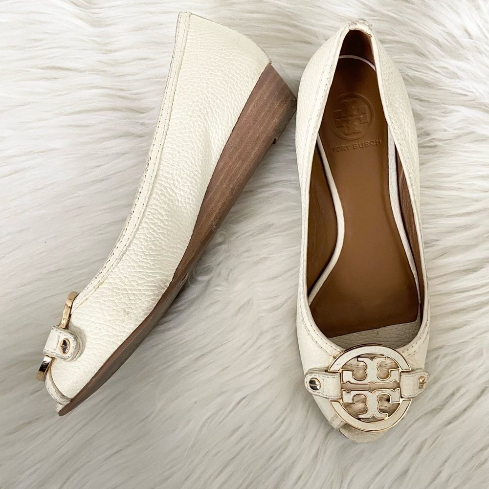 Tory Burch Leticia Peep Toe Low Wedge Ivory Size 8.5